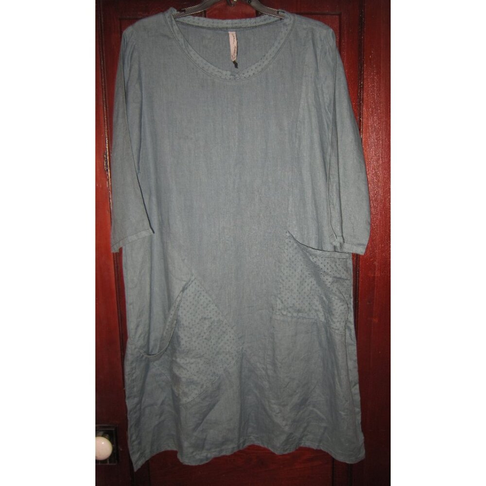 Cynthia Ashby Sz XS Apex Dress Linen Lagenlook Oversized Pockets Sage Green Midi